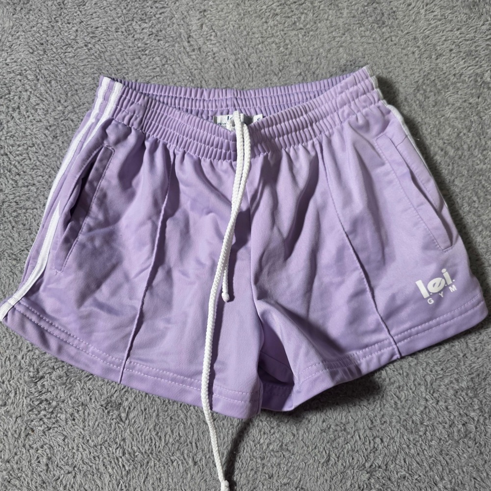 L.E.I.‎ Womens S Gym Athletic Shorts Purple White Stripe Drawstring Y2K Sporty